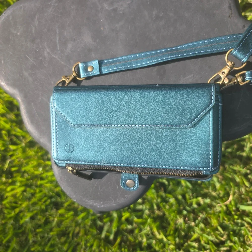 Metallic Teal Wallet Phone Case Crossbody Wristlet with Card Slots and Zipper